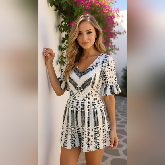 Elegant Black and White Lace Romper - Picture 1 of 9